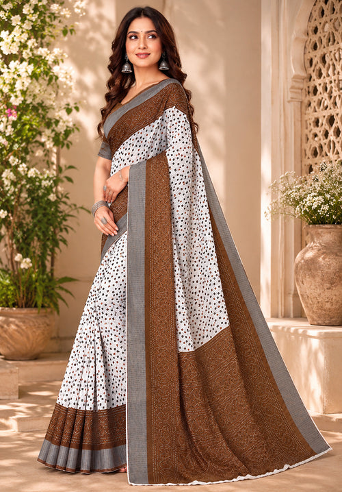 Dista Elora White & Brown Linen Bandhani Digital Print Bollywood Saree