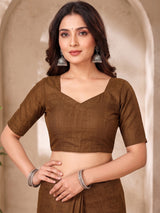Dista Elora White & Brown Linen Bandhani Digital Print Bollywood Saree, view 3