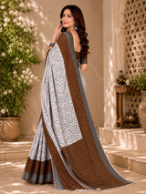 Dista Elora White & Brown Linen Bandhani Digital Print Bollywood Saree, view 4
