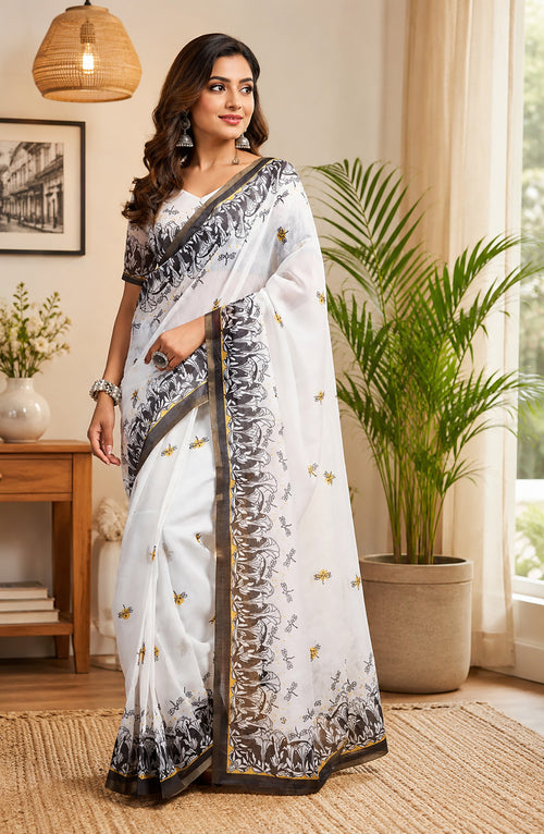 Dista Elora White Chanderi Cotton Contemporary Digital Print Printed Ready To Wear Saree