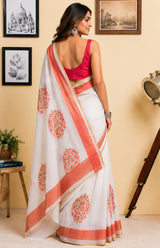 Dista Elora White Chanderi Cotton Floral Printed Ready To Wear Saree, view 2