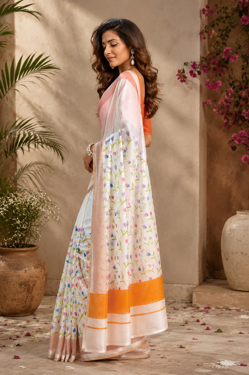 Dista Elora White Chanderi Cotton Floral Printed Ready To Wear Saree