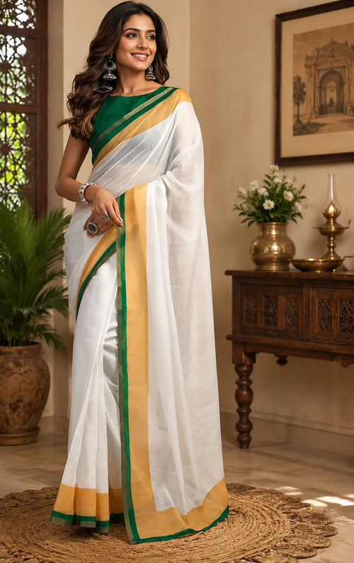 Dista Elora White Chanderi Cotton Kerala Kasavu Printed Ready To Wear Saree