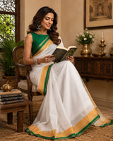 Dista Elora White Chanderi Cotton Kerala Kasavu Printed Ready To Wear Saree, view 2