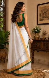 Dista Elora White Chanderi Cotton Kerala Kasavu Printed Ready To Wear Saree, view 3