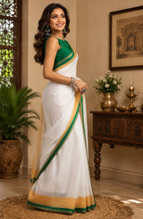 Dista Elora White Chanderi Cotton Kerala Kasavu Printed Ready To Wear Saree, view 4