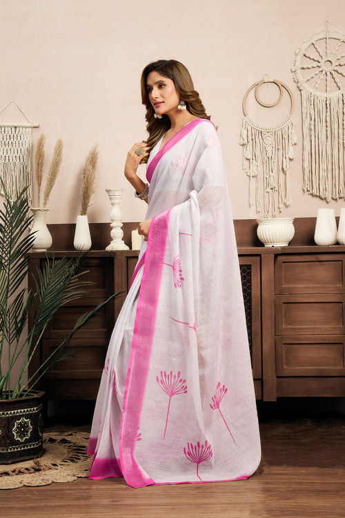 Dista Elora White Linen Floral Printed Ready To Wear Saree