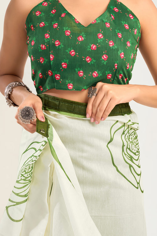Dista Elora White Linen Floral Printed Ready To Wear Saree