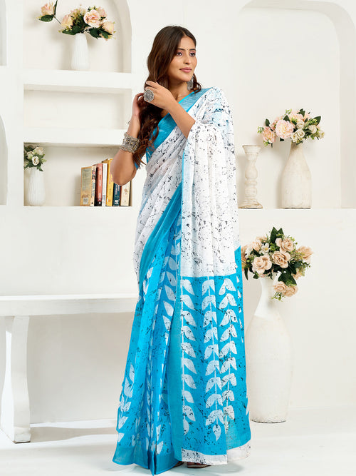 Dista Elora White Linen Leaf Printed Ready to Wear Saree