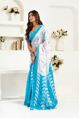 Dista Elora White Linen Leaf Printed Ready to Wear Saree, view 2