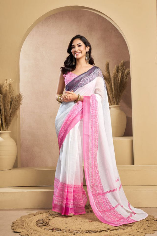 Dista Elora White Linen Plain Printed Ready To Wear Saree