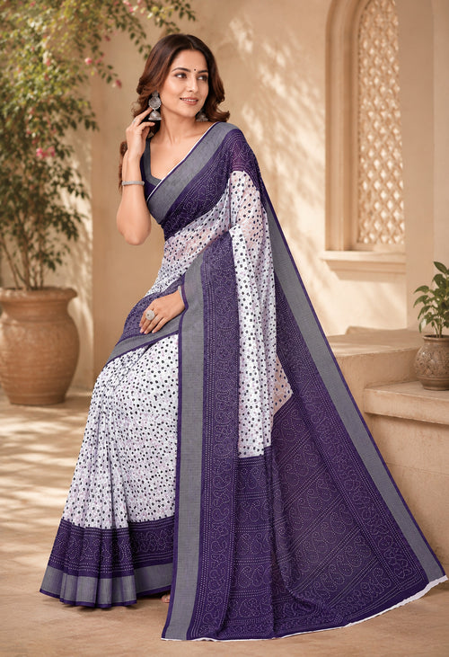 Dista Elora White & Navy Blue Linen Bandhani Digital Print Bollywood Saree