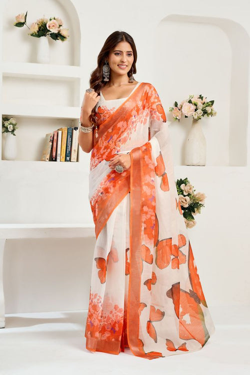 Dista Elora White & Orange Linen Butterfly Motifs Printed Ready To Wear Saree