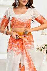 Dista Elora White & Orange Linen Butterfly Motifs Printed Ready To Wear Saree, view 3