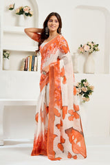 Dista Elora White & Orange Linen Butterfly Motifs Printed Ready To Wear Saree, view 4
