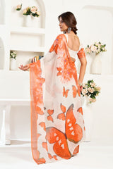 Dista Elora White & Orange Linen Butterfly Motifs Printed Ready To Wear Saree, view 5