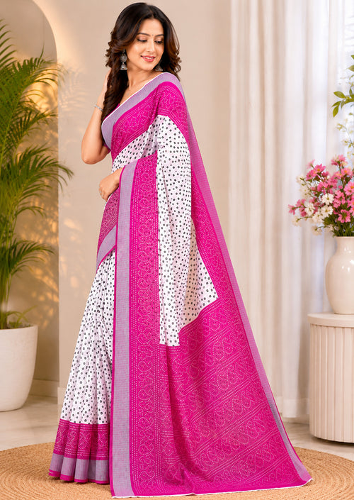 Dista Elora White & Pink Linen Bandhani Digital Print Bollywood Saree