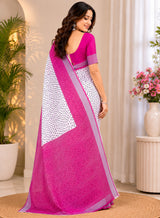 Dista Elora White & Pink Linen Bandhani Digital Print Bollywood Saree, view 2