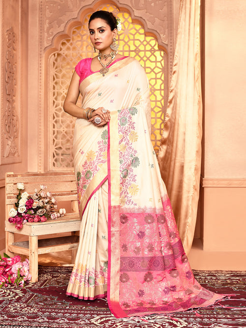 Dista Elora White Pure Banarasi Weaving Silk Saree