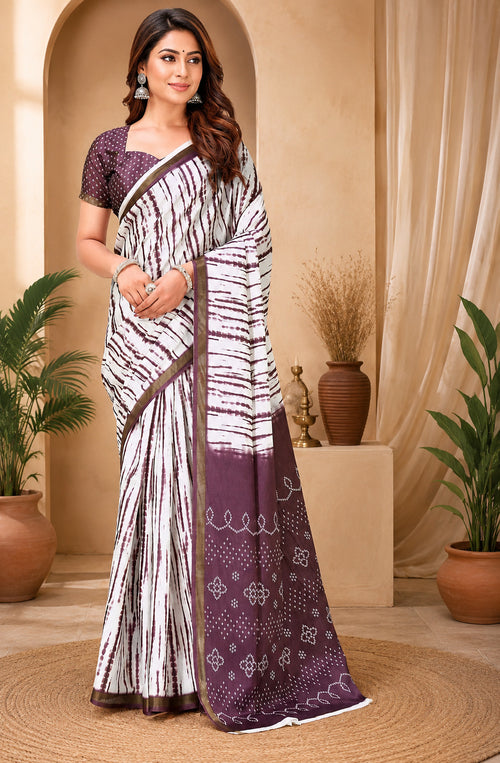 Dista Elora White & Purple Linen Striped Digital Print Bollywood Saree