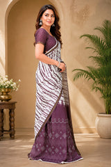 Dista Elora White & Purple Linen Striped Digital Print Bollywood Saree, view 3