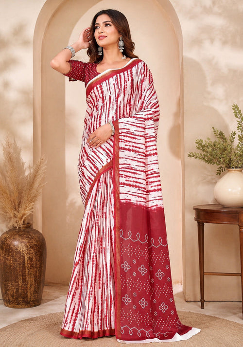 Dista Elora White & Red Linen Leheriya Digital Print Bollywood Saree