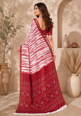 Dista Elora White & Red Linen Leheriya Digital Print Bollywood Saree, view 2