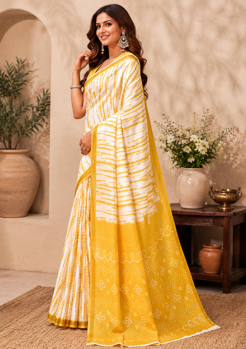 Dista Elora White & Yellow Linen Shibori Striped Digital Print Bollywood Saree