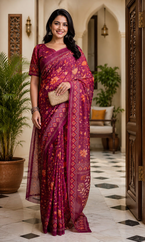 Dista Elora Wine Chanderi Cotton Floral Jaal Printed Ready To Wear Saree