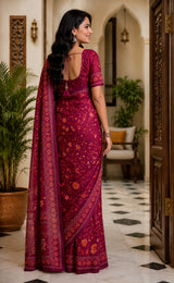 Dista Elora Wine Chanderi Cotton Floral Jaal Printed Ready To Wear Saree, view 2