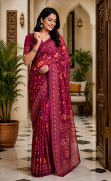 Dista Elora Wine Chanderi Cotton Floral Jaal Printed Ready To Wear Saree, view 3