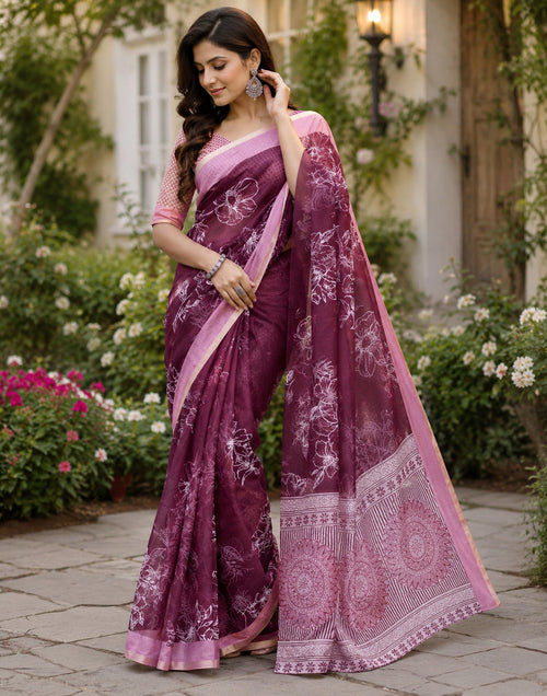 Dista Elora Wine Chanderi Cotton Floral Printed Ready To Wear Saree