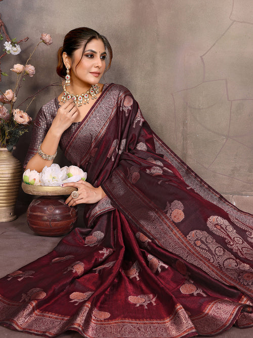 Dista Elora Wine Fendi Satin Silk Banarasi Jacquard Butta Work Saree With Woven Designed Border