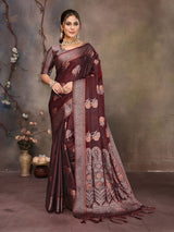 Dista Elora Wine Fendi Satin Silk Banarasi Jacquard Butta Work Saree With Woven Designed Border, view 2
