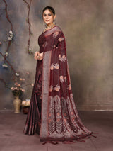 Dista Elora Wine Fendi Satin Silk Banarasi Jacquard Butta Work Saree With Woven Designed Border, view 3