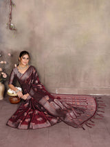 Dista Elora Wine Fendi Satin Silk Banarasi Jacquard Butta Work Saree With Woven Designed Border, view 4