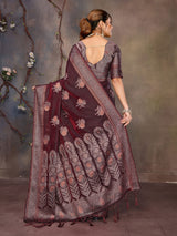 Dista Elora Wine Fendi Satin Silk Banarasi Jacquard Butta Work Saree With Woven Designed Border, view 5