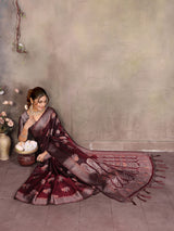 Dista Elora Wine Fendi Satin Silk Banarasi Jacquard Butta Work Saree With Woven Designed Border, view 6