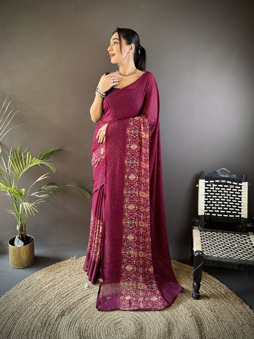 Dista Elora Wine Georgette Sequence Attractive Foil Print Fancy Georgette Saree