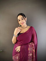 Dista Elora Wine Georgette Sequence Attractive Foil Print Fancy Georgette Saree, view 4