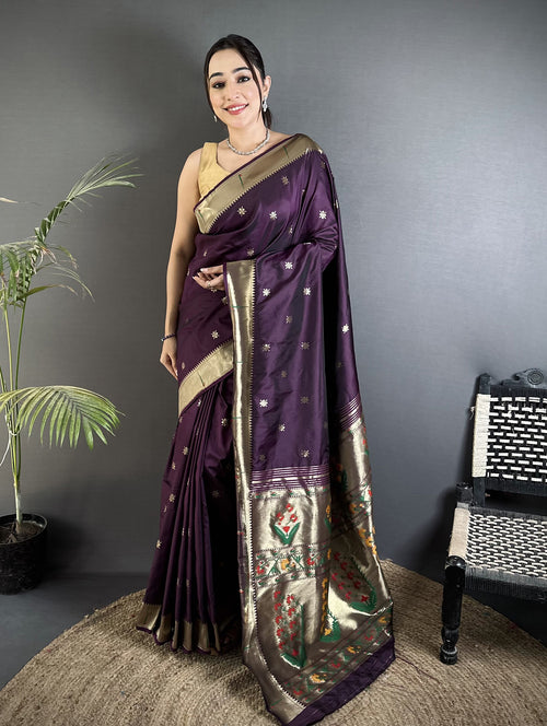 Dista Elora Wine Lichi Silk Floral Ikat Motifs Zari weaving Paithani Saree
