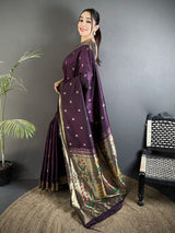 Dista Elora Wine Lichi Silk Floral Ikat Motifs Zari weaving Paithani Saree, view 2