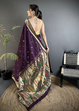 Dista Elora Wine Lichi Silk Floral Ikat Motifs Zari weaving Paithani Saree, view 3