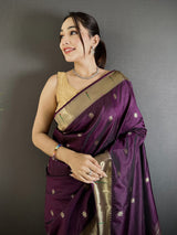 Dista Elora Wine Lichi Silk Floral Ikat Motifs Zari weaving Paithani Saree, view 4