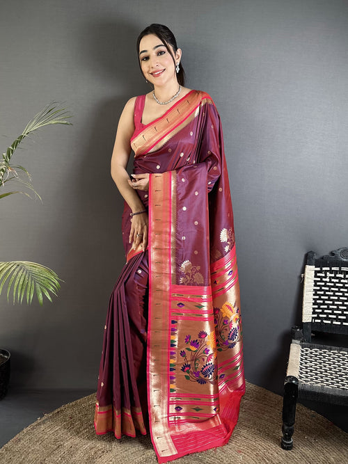 Dista Elora Wine Lichi Silk Floral Motifs Zari Weaving Paithani Saree