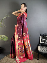 Dista Elora Wine Lichi Silk Floral Motifs Zari Weaving Paithani Saree, view 2