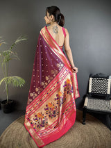 Dista Elora Wine Lichi Silk Floral Motifs Zari Weaving Paithani Saree, view 3
