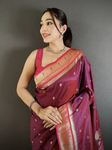 Dista Elora Wine Lichi Silk Floral Motifs Zari Weaving Paithani Saree, view 4