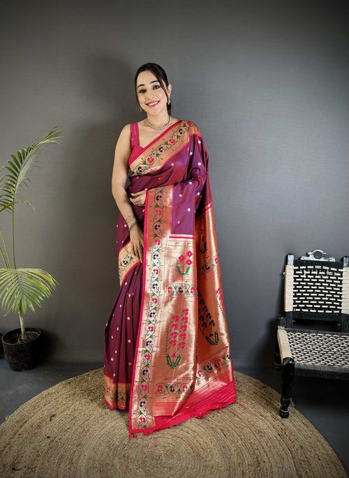 Dista Elora Wine Lichi Silk Ikkat Floral Motifs Zari Woven Paithani Saree