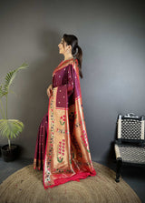 Dista Elora Wine Lichi Silk Ikkat Floral Motifs Zari Woven Paithani Saree, view 2